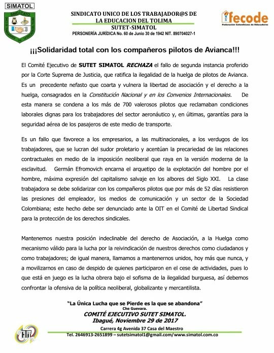 Solidaridad, con los trabajadores pilotos de avianca.
