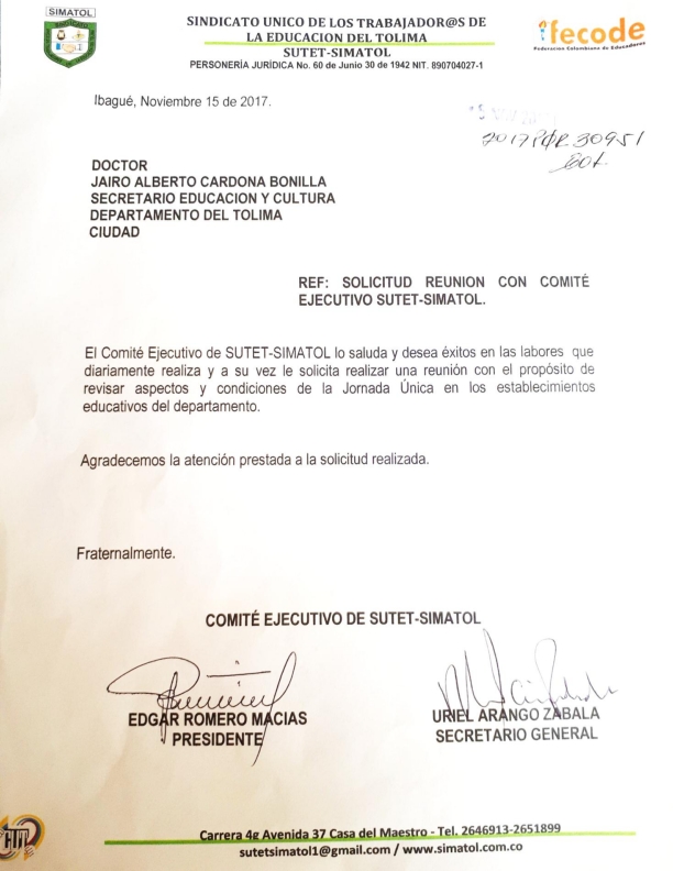 Solicitud SUTET-SIMATOL a SEDTOLIMA sobre Aspectos y Condiciones Jornada Única Nov.16 de 2017