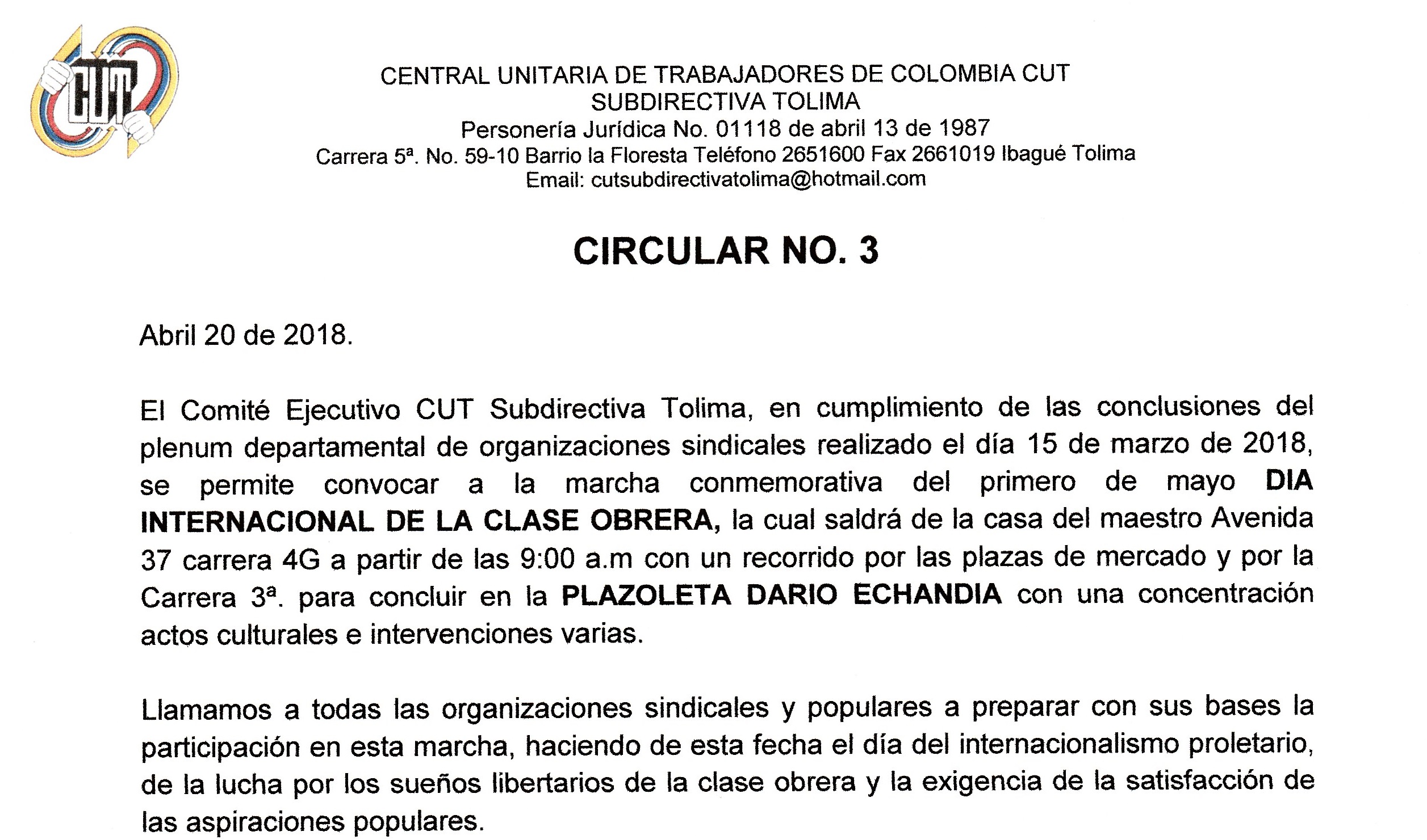 Circular No.3 de Abril 20 de 2018 CUT – Tolima, Convocatoria marcha conmemoración día Internacional de la clase Obrera.