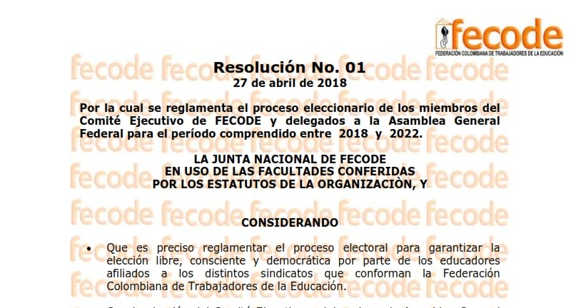 Resolución No.01 del 27 de abril – Elecciones Fecode 2018