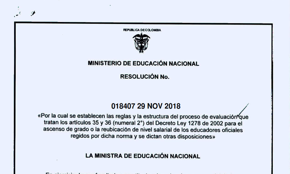 Resolución 018407 MEN de Nov. 29 de 2018 / Reglas y la estructura del proceso de la ECDF 2018 – 2019