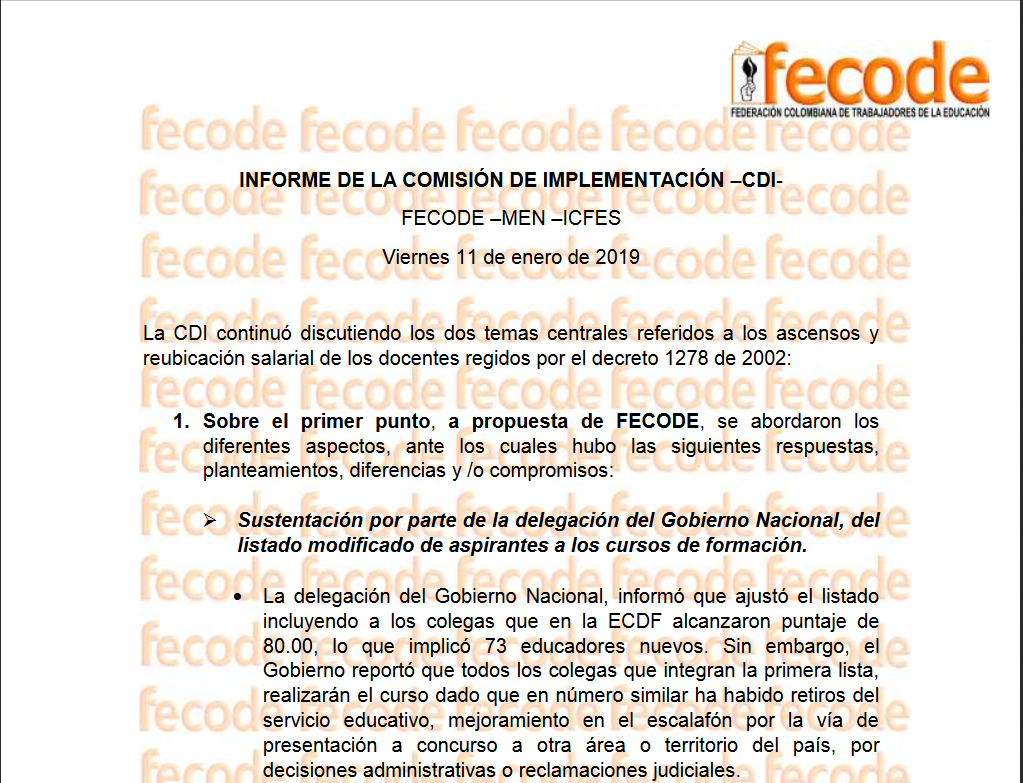 Informe de la Comisión de Implementación – CDI, 11 de enero de 2019 FECODE – MEN – ICFES