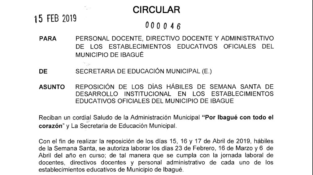 Circular No.46 Feb. 15 de 2019 SEMIBAGUE- Reposición de los días hábiles de semana santa en Ibagué