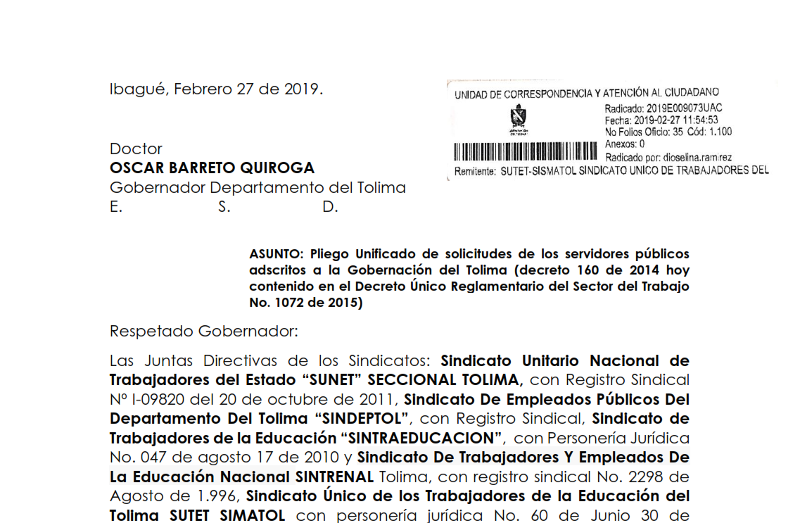 Se radico Pliego Unificado de solicitudes de los servidores públicos adscritos a la Gobernación del Tolima, SUTET – SIMATOL, SUNET, SINDEPTOL, SINTRAEDUCACION, SINTRENAL, ASDDETOL.