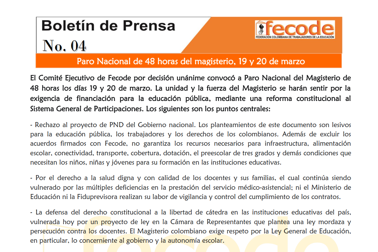 FECODE Convoca a Paro Nacional de 48 horas del Magisterio, 19 y 20 de marzo