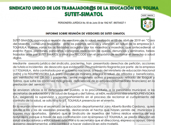 Informe Sobre Reunión de Veedores de Salud de SUTET-SIMATOL realizada el 05 de abril de 2019