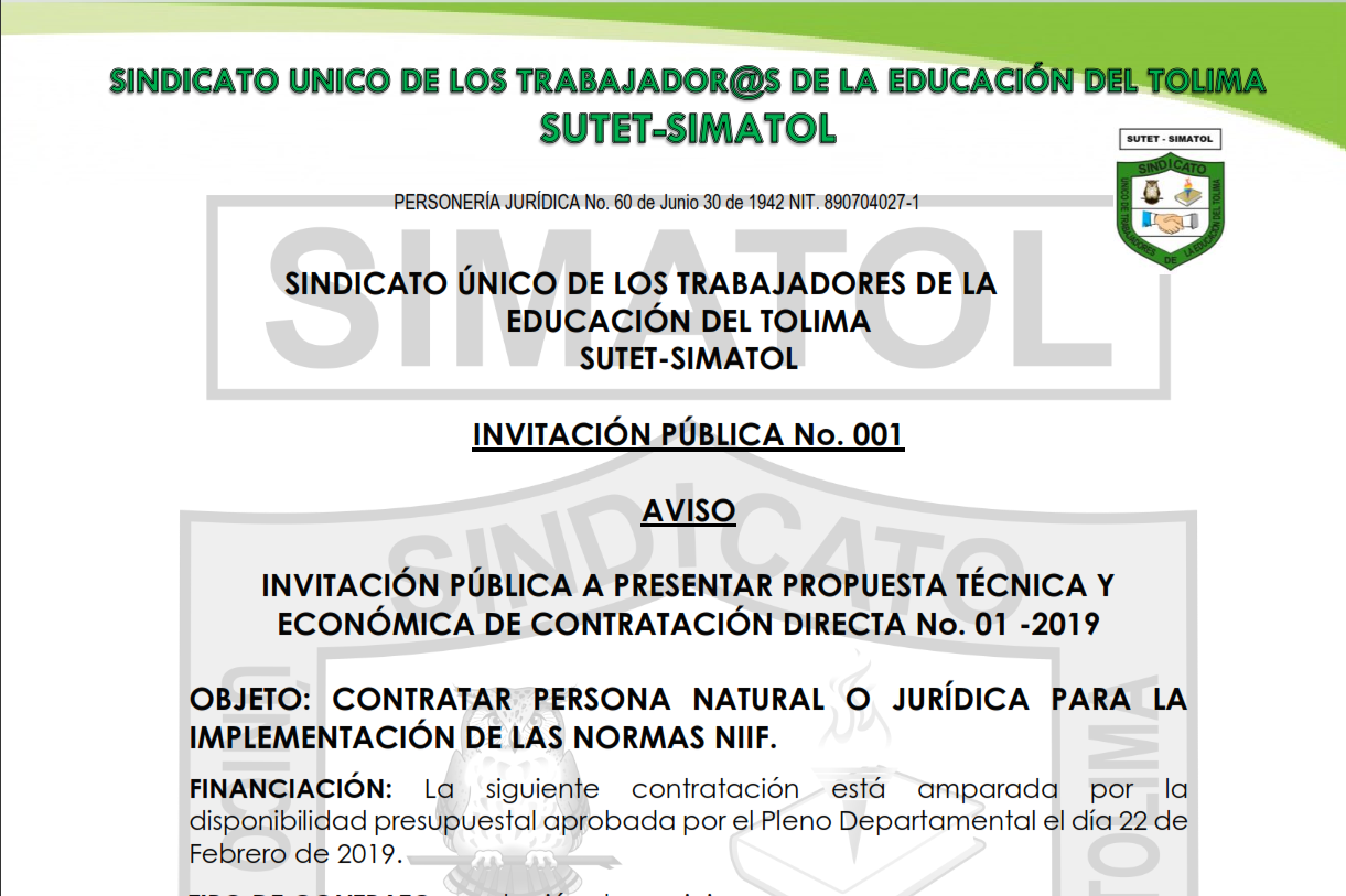 Invitación Pública a presentar propuesta técnica y económica de contratación directa No. 01 -2019 – Objeto contratar persona natural o jurídica para la implementación de las normas NIIF.