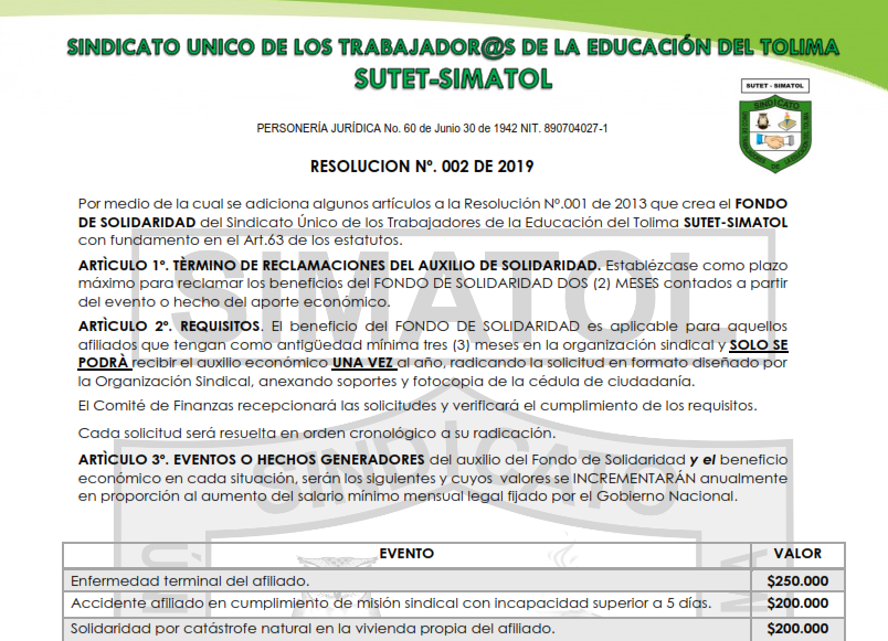 Resolución No.02 de Sept. 25 de 2019 – Fondo de Solidaridad para Afiliados a SUTET – SIMATOL