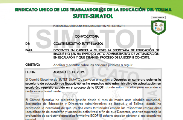 Convocatoria para orientar acciones jurídicas, Docentes en carrera a quienes SEMIBAGUE no ha expedido acto administrativo de actualización en escalafón, requisito en el proceso de la ECDF3
