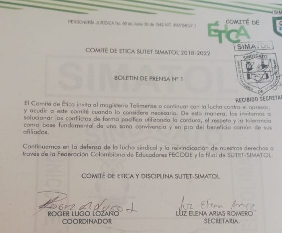 Boletín de Prensa No1 Oct.10 de 2019 – Comité Ética SUTET -SIMATOL