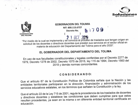 Decreto 1709 de Oct. 21 de 2019 SEDTOLIMA – Traslados Masivos 2020 Tolima