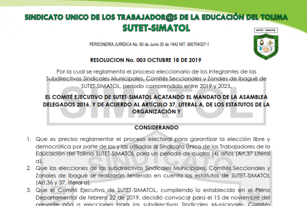 Resolución No. 003 de Octubre 18 de 2019 – Reglamentación proceso eleccionario Subdirectivas Sindicales Municipales, Comités Seccionales y Zonales de Ibagué de SUTET-SIMATOL