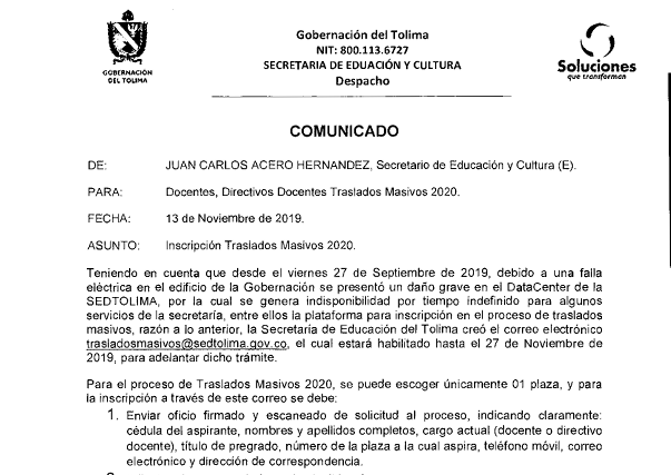 Comunicado Inscripción Traslados Masivos 2020 SEDTOLIMA – Noviembre 13 de 2019