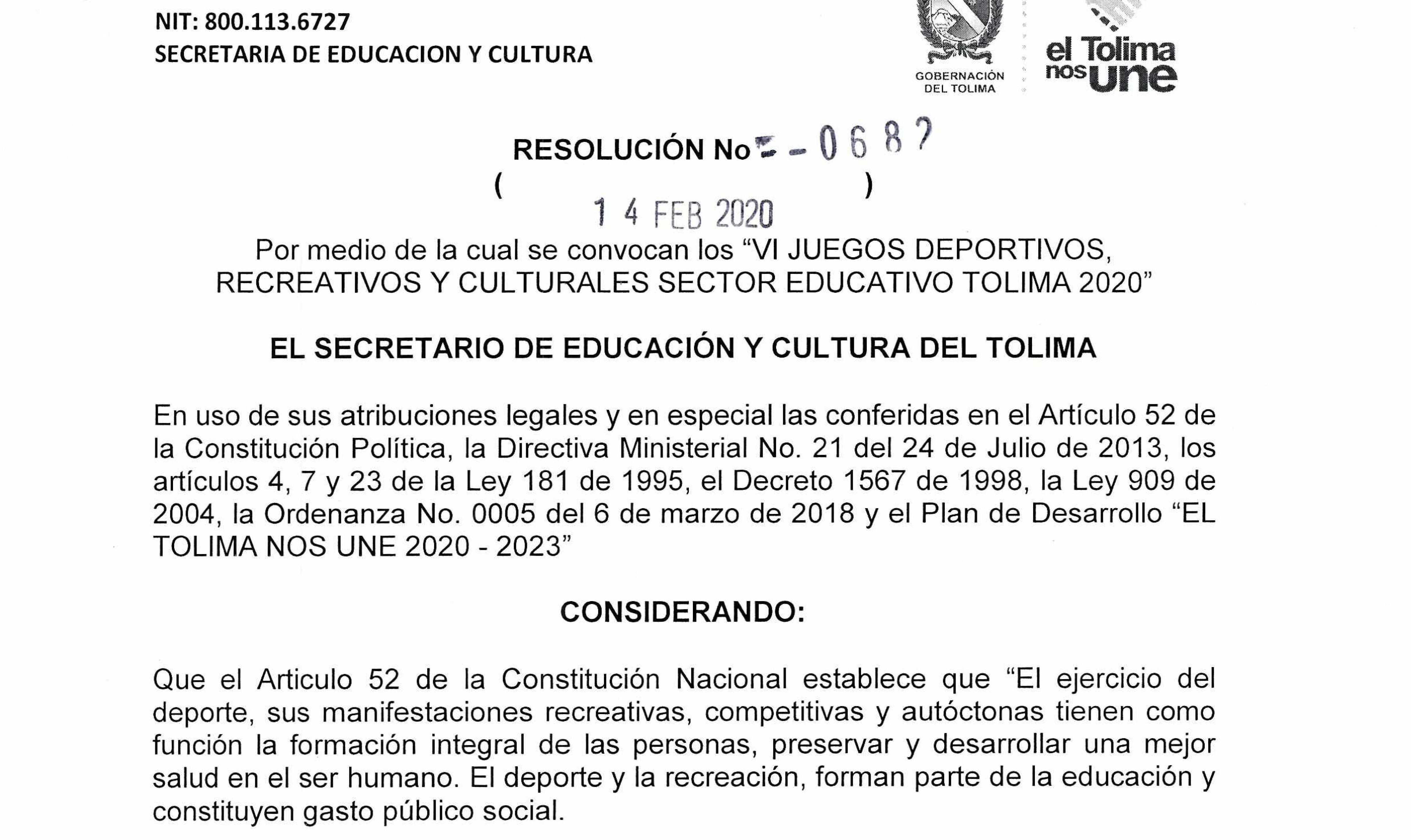 Resolución No.0682 del 14 de febrero de 2020 SEDTOLIMA – Convocatoria VI Juegos Deportivos, Recreativos y Culturales Sector Educativo 2020