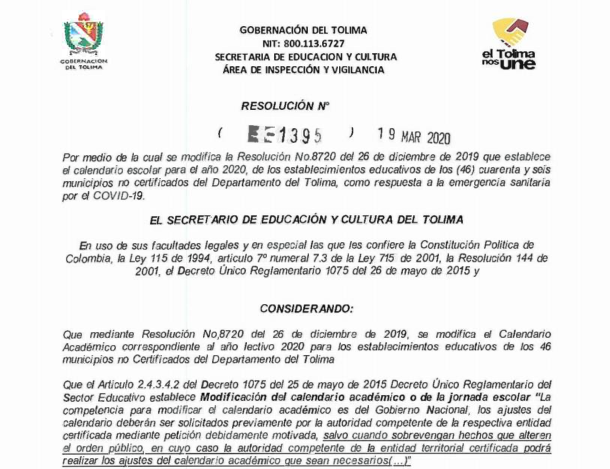 Resolución 1395 marzo 19 2020 SEDTOLIMA –  Modificación Calendario Escolar 2020