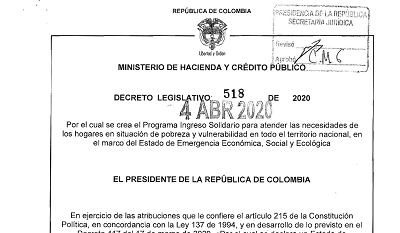 Decreto 21 abril 4 de 2020 Presidencia de la República – Ingreso solidario para atención de hogares pobres por pandemia