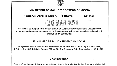 Resolución No 470 del 20 de marzo de 2020 – Por la cual se adoptan las medidas sanitarias obligatorias de aislamiento preventivo de personas adultas mayores en centros de larga estancia y de cierre parcial de actividades de centros vida y centros día.
