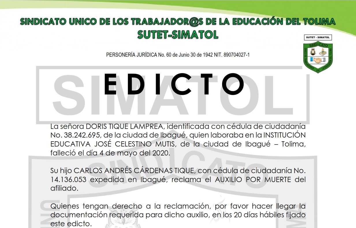 Edicto por motivo de AUXILIO POR MUERTE del afiliado a SUTET – SIMATOL / ISRAEL GUZMÁN AGUDELO – Febrero 3 del 2021
