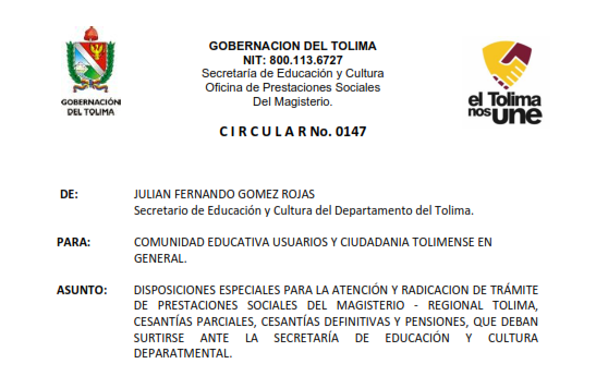 Circular 147 SEDTOLIMA – Julio 13 del 2020 – atención y radicación de trámite de prestaciones sociales del magisterio del Tolima, cesantías parciales, cesantías definitivas y pensiones – SEDTOLIMA