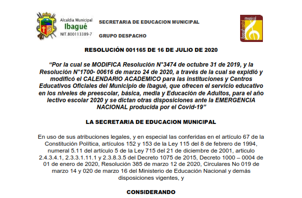 Resolución 001165 De 16 de Julio de 2020 SEMIBAGUE – modificación del Calendario Académico para el municipio de Ibagué
