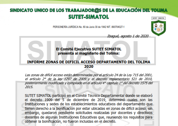 Informe Zonas de Difícil Acceso Departamento del Tolima 2020 – Agosto 10 del 2020