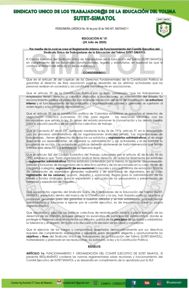 Resolución No.1 de Julio 24 del 2020 – Por medio de la cual se crea el Reglamento Interno de Funcionamiento del Comité Ejecutivo del Sindicato Único de Trabajadores de la Educación del Tolima SUTET-SIMATOL