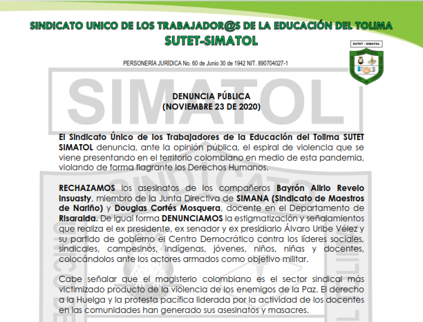 Denuncia Pública de SUTET – SIMATOL noviembre 23 de 2020