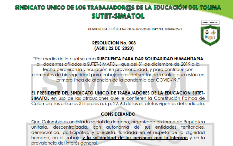 Resolución No. 03 Abril 22 del 2020 – Subcuenta para dar solidaridad humanitaria