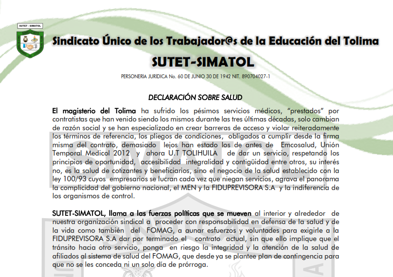 Declaración Sobre Salud SUTET-SIMATOL  /  febrero 24 del 2021