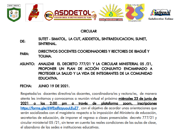 Circular de SUTET-SIMATOL, CUT, ASDETOL, SINTRAEDUCACION, SUNET Y SINTRENAL – Junio 19 del 2021 / Convocatoria reunión virtual para directivos docente miércoles 23 de junio de 2021 a las 2:00 pm
