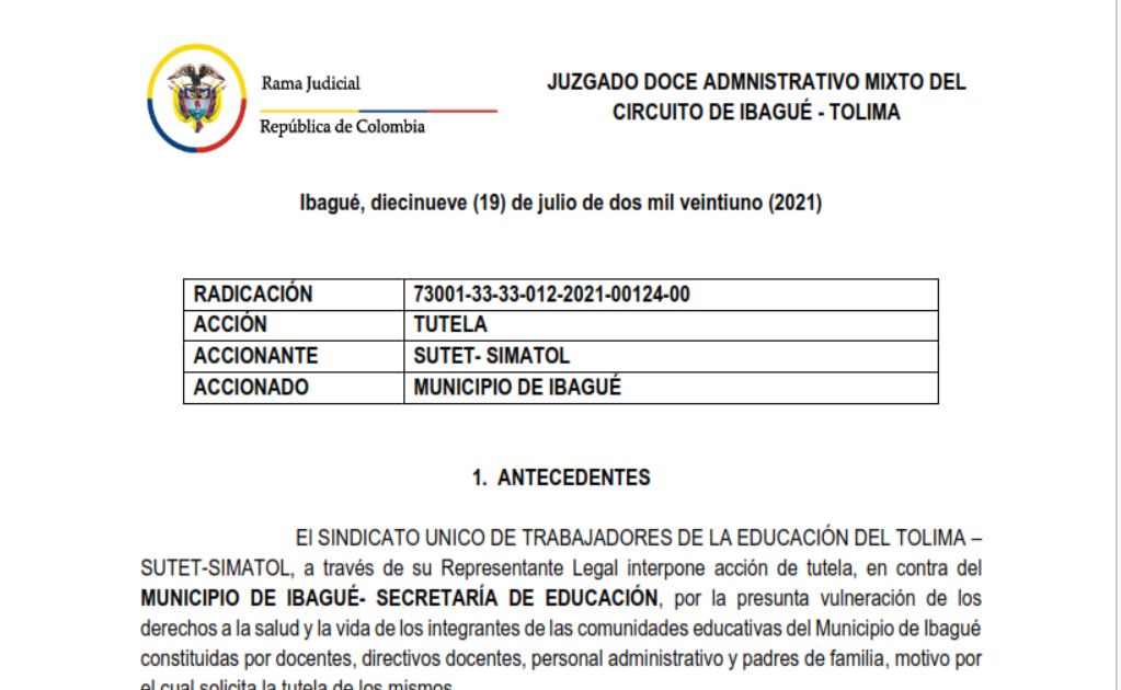 Juzgado 12 administrativo Ibagué, concede tutela a favor de SUTET – SIMATOL – Julio 22 del 2021