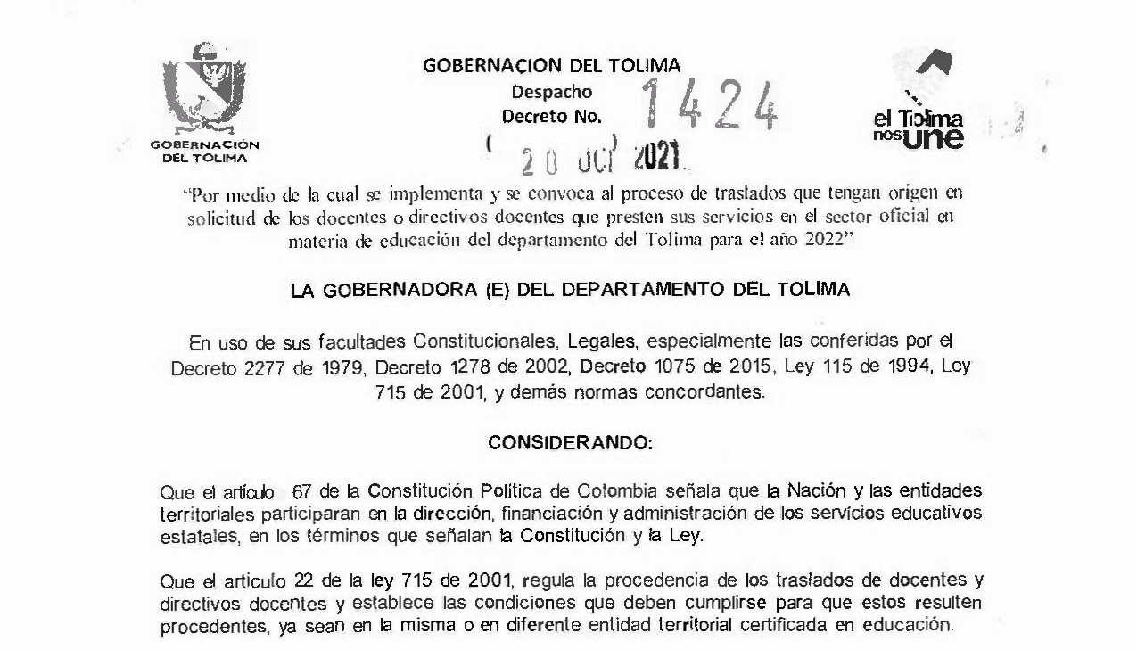 Decreto 1424 Octubre 20 del 2021 SEDTOLIMA – Convocatoria traslados ordinarios departamento del Tolima