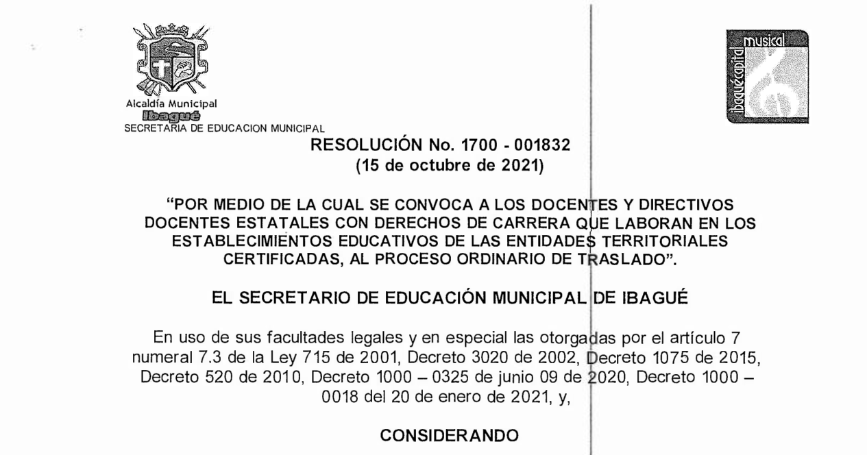 Resolución 1700-001832 de Octubre 15 del 2021 SEMIBAGUE – Convocatoria traslados ordinarios municipio Ibagué