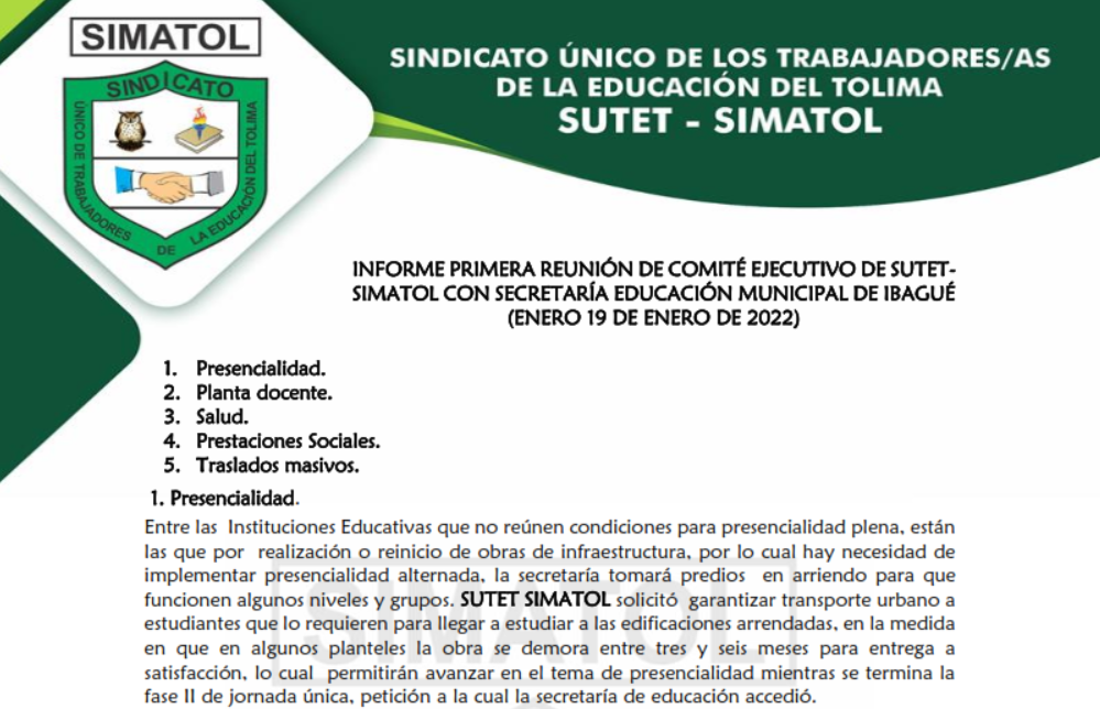 Informe primera reunión de Comité Ejecutivo de SUTET-SIMATOL y SEMIBAGUE – enero 19 de 2022