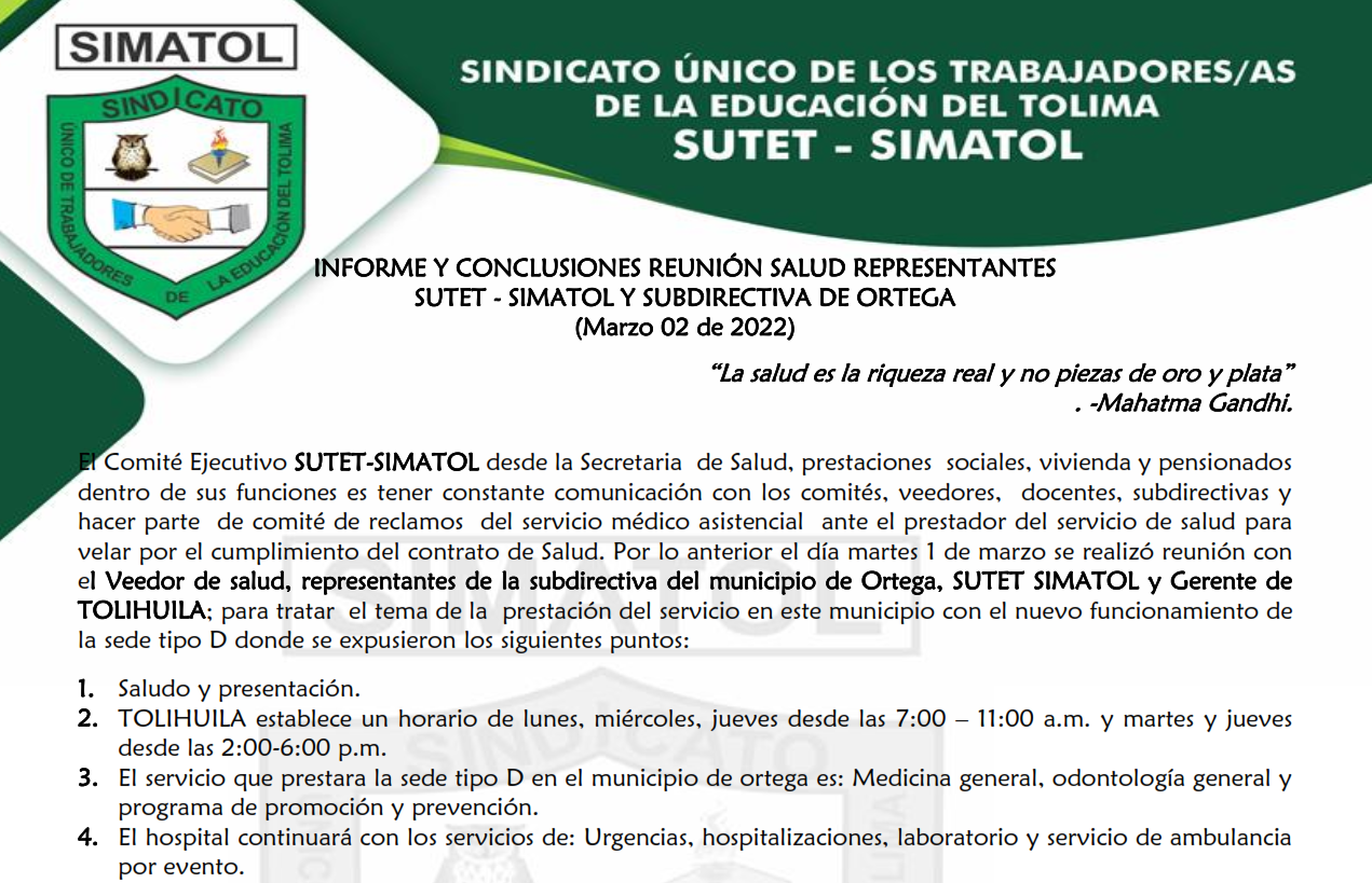 Informe y conclusiones reunión salud representantes SUTET – SIMATOL y subdirectiva de ortega – marzo 02 de 2022