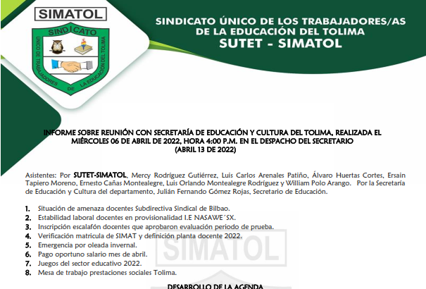 Informe reunión realizada junio 02 de 2022 entre SUTET-SIMATOL y la secretaría de educación y cultura del Tolima.