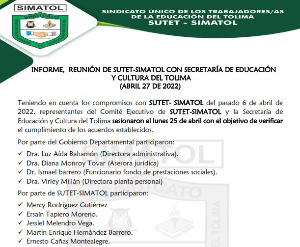Informe, reunión de SUTET-SIMATOL con secretaría de educación y cultura del Tolima – abril 27 de 2022