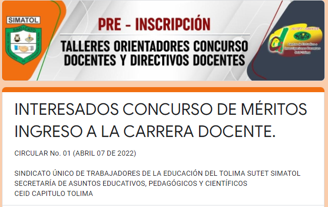 Circular No. 01 CEID Capitulo Tolima – abril 7 de 2022 / Pre-Inscripción talleres orientadores para el concurso de ingreso a la carrera docente.