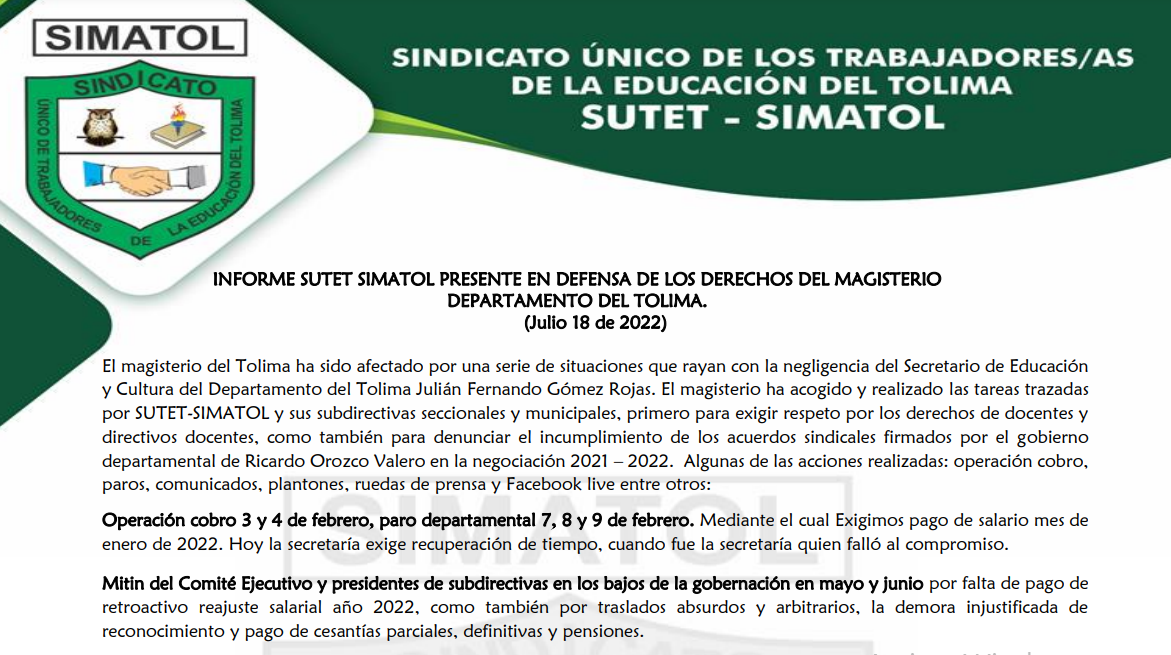 INFORME SUTET SIMATOL PRESENTE EN DEFENSA DE LOS DERECHOS DEL MAGISTERIO DEPARTAMENTO DEL TOLIMA