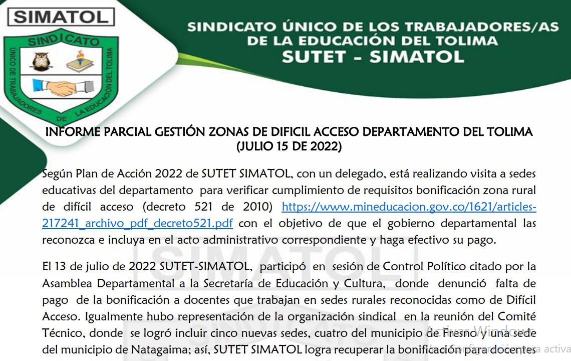 Informe de Gestion Zonas de Dificil Acceso en el Tolima – julio 15 del 2022