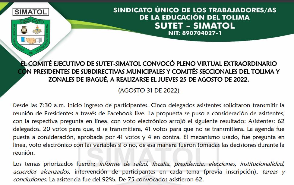Informe pleno departamental extraordinario virtual de SUTET-SIMATOL el 25 agosto de 2022