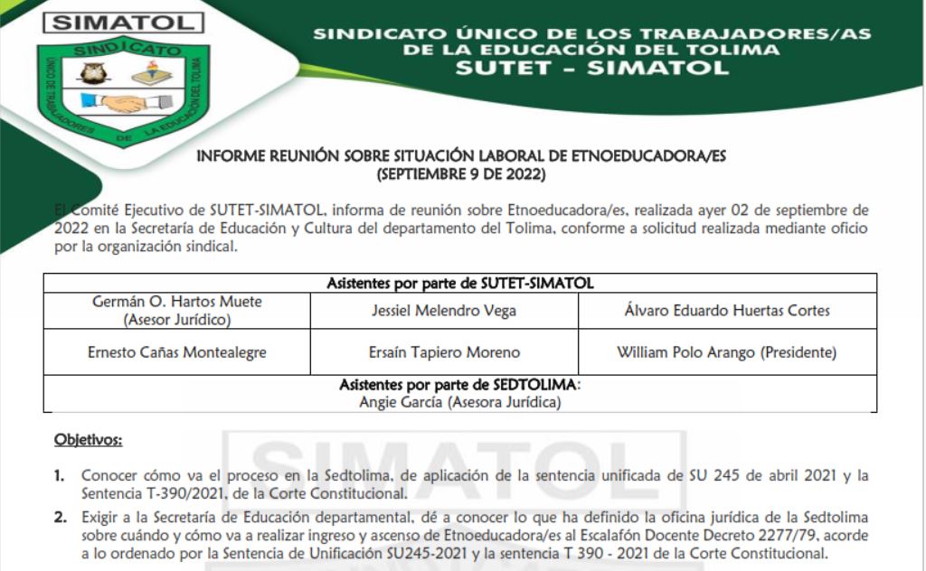 Informe reunión con SEDTOLIMA, situación laboral de etnoeducadora/es – septiembre 9 de 2022