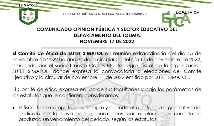 Comunicado sobre las elecciones del Comité Ejecutivo de SUTET-SIMATOL por el Comité de Ética – noviembre 17 del 2022