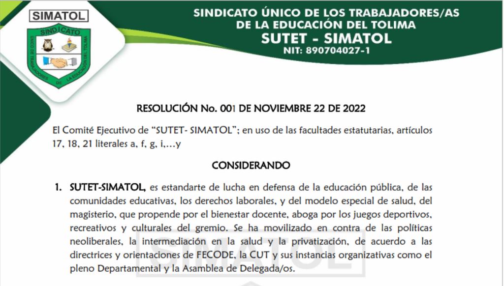 Resolución No. 001 De noviembre 22 De 2022 – SUTET-SIMATOL Convoca a elecciones a la XLIII ASAMBLEA GENERAL DE DELEGADOS, el próximo 03 de marzo de 2023 y se realizara la asamblea de Delegada/os los días 13 y 14 de abril del mismo año.
