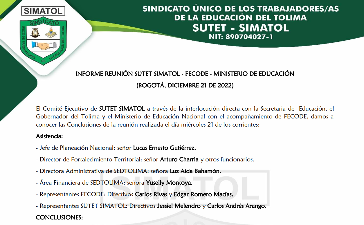 Informe reunión SUTET SIMATOL – FECODE y MEN – Bogotá, diciembre 21 de 2022