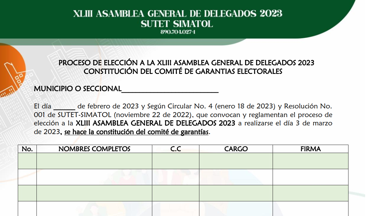 Inscripción de lista para participar en la elección a la XLIII asamblea general de delegados SUTET-SIMATOL 2023