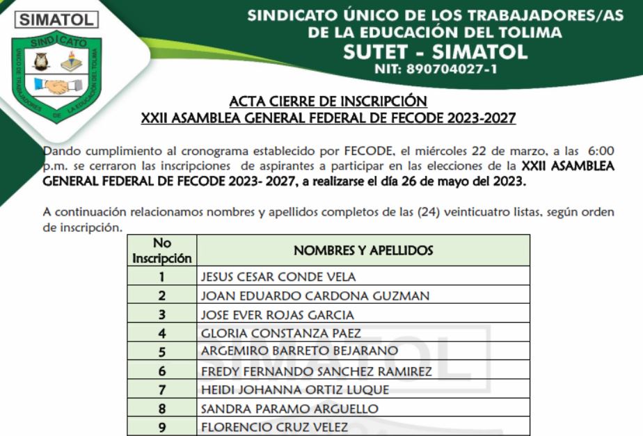 Acta de cierre inscripción a XXII asamblea general federal de FECODE 2023-2027