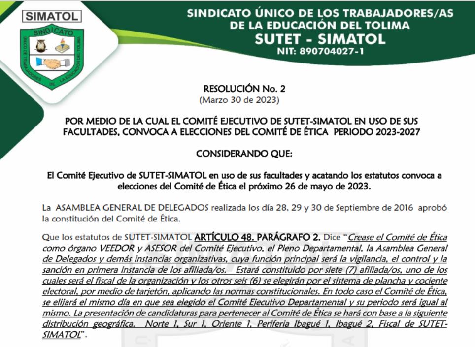 Resolución No. 2 de marzo 30 del 2023 – Por medio de la cual el comité ejecutivo de SUTET-SIMATOL en uso de sus facultades, convoca a elecciones del comité de ética periodo 2023-2027