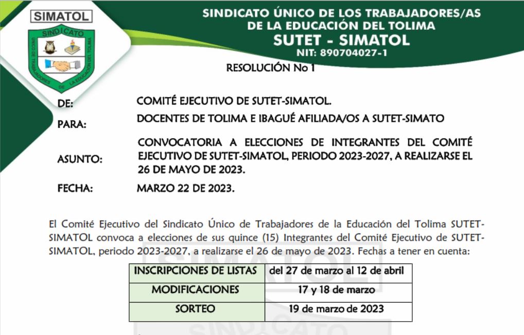 Resolución convocatoria elecciones SUTET-SIMATOL 2023-2027