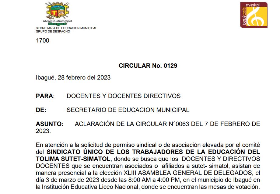 Permiso de la SEDTOLIMA y SEMIBAGUE, jornada de votación de la XLIII asamblea general de delegados SUTET-SIMATOL 2023